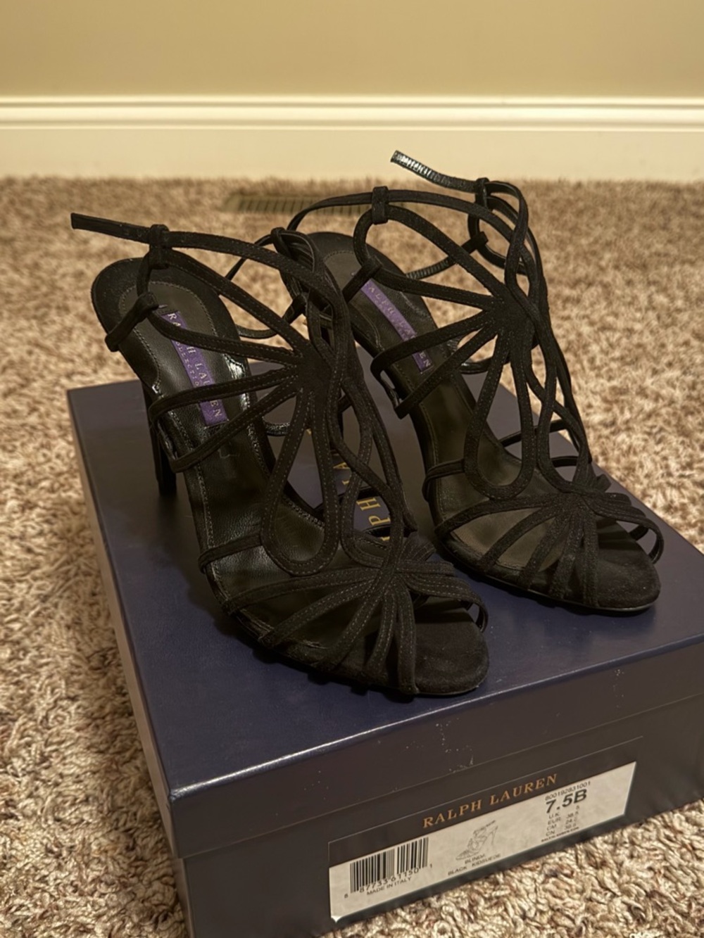 Ralph Lauren Collection Purple Label Black Suede Caged Strappy Heel 7.5